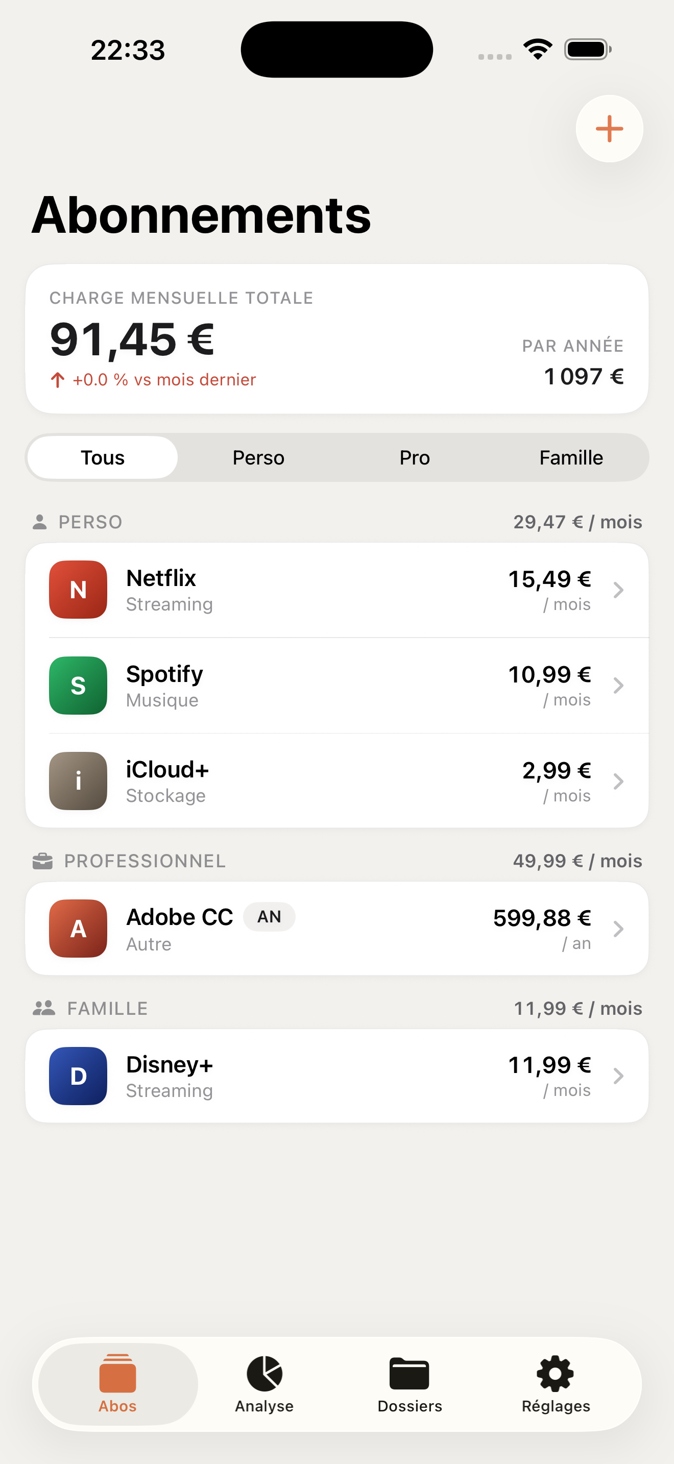 Écran Abonnements